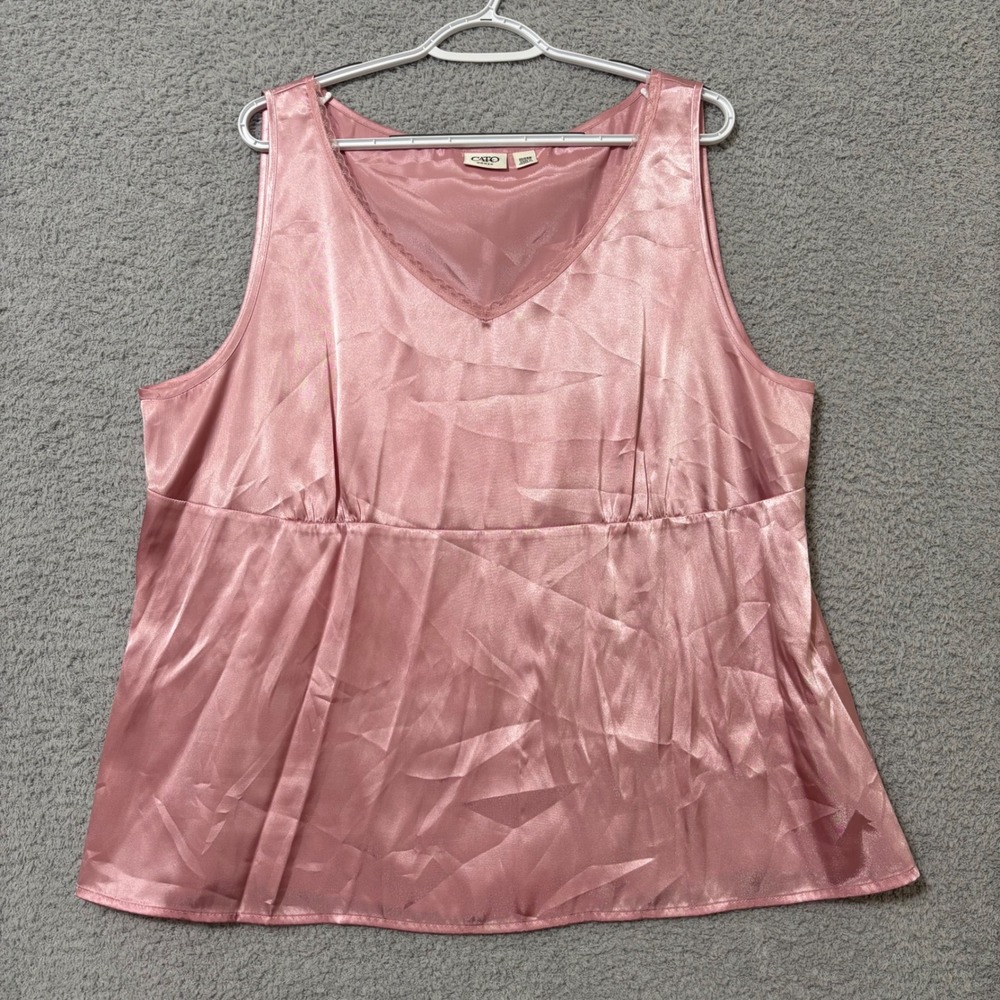 Pink Satin Flowy Tank‎ Top Dressy Casual 22/24W Empire Waist V-Neck Lace Trim